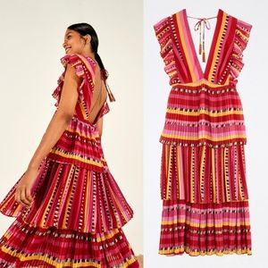 NEW FARM RIO lucy stripes tiered pleated ruffle shoulder deep v-neck midi dress